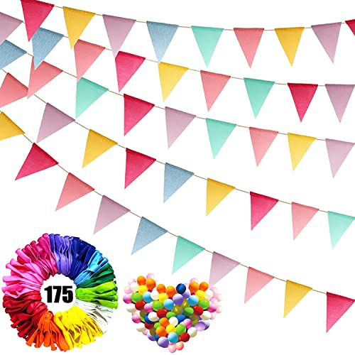 OEMG Wimpelkette, 5 Stück Stoff Girlande 75 Wimpel + 100 Bunte Luftballons (175Pcs), 17,5M, Bunt, Rosa, Grün, Blau, Weiß, Orange, Gelb, Rot, SB-104
