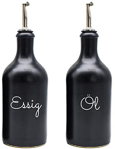 Flasche Essig-Öl Set - Steinzeugflasche - hochwertiger Edelstahl-Ausgießer und Holzkorken - 500 ml - Vinyl-Beschriftung - Wasserfest (Schriftfarbe: Weiß)