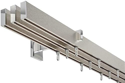 DécoProfi Gardinenstange Innenlauf 3-läufig Set Long rechteckig Silber Eloxiert/Verchromt I Länge: 200cm Aluminium für Wandmontage I Als Gardinenschiene & Vorhangstange geeignet