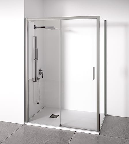 Mampara de ducha angular 1 corredera + 2 fijos - sin perfilería inferior - Cristal transparente templado 6mm - Plata Brillo - Ancho adaptable 105-110 x 67-70cm - Posición puerta derecha - Alto 195cm