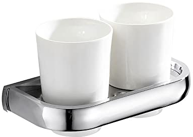 Klobvtt Doppelter Zahnbürstenhalter aus Messing, an der Wand montiert, rostfrei, doppelter Keramikbecherhalter, doppelter Zahnpasta-Getränkehalter für Toilette, Badezimmer, Chrom, Schraubmontage