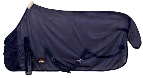 Start Fliegendecke für Pferde mit Elastik-Halsteil, Fliegendecke Kaltblut - Atmungsaktive Ekzemerdecke mit Insektenschut, leichte Sommerdecke und Insektenschutz (Dunkelblau, 145 cm)