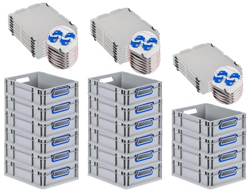 PROREGAL SuperSparSet 16x Eurobox NextGen Color mit Auflagedeckel & Schiebeschnappverschlüsse, HxBxT 12x30x40cm, 11L, Griffe blau offen, Glatter Boden, Eurobehälter Transportbox Transportbehälter