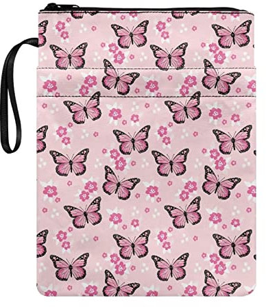 Poceacles Buchumschläge für Hardcover-Bibelschutz, mit Reißverschluss, Motiv: rosa Schmetterlinge, Blumen, Polyester, strapazierfähig, für Damen, Teenager, Mädchen