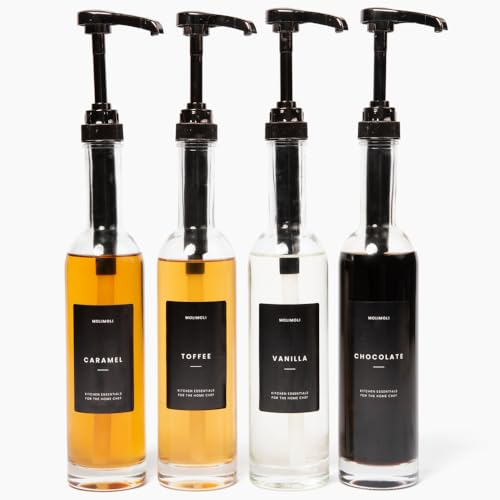 MoliMoli 4er-Set, 350 ml, Kaffeesirupspender für Kaffeebar, Kaffeepumpenspender, Glassirupflasche mit Pumpen, einfacher Sirupspender mit Etiketten (schwarz)