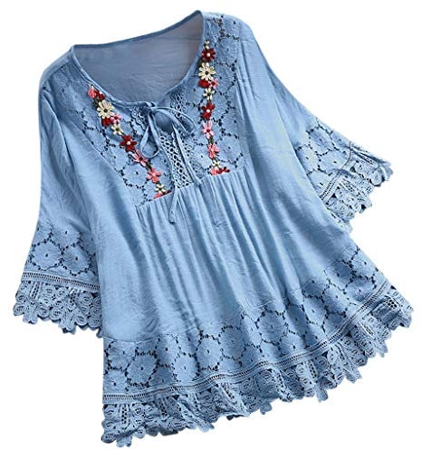Spitze Bluse Damen 3/4-Ärmel Longbluse Retro Patchwork Spitzenbluse Große Größen Tshirt Oberteile Elegant V-Ausschnitt Blusenshirt Tunika