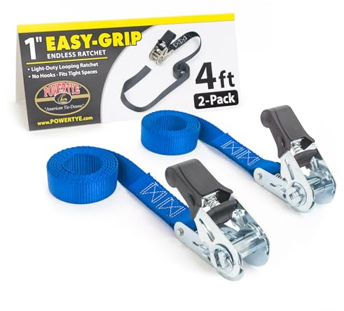 PowerTye - Endloser Ratschengurt - 2,5 cm x 1,2 m Easy Grip (hakenlos), Spanngurt mit 180 kg Arbeitsbelastungsgrenze / 0,5 kg Bruchfestigkeit, ideal für Motorrad, LKW-Betten und Ladungen, Blau