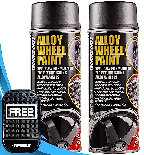 4TRESS E-TECH 2 x 400ml Alloy Wheel Paint Technik Grey Chip Resistant Wheel Refurbishment Aerosol Cans Non Slip Car Dash Mat