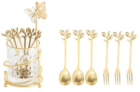 INPROPEXT 6PCS Coffee Spoons with Glass Holder,Small Stainless Steel Gold Tea Spoons,Mini Spoon Set for Fruit,Stirring, Mixing, Sugar, Ice Cream, Cake