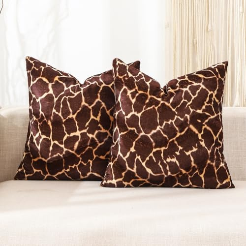 Giraffe Print Velvet Throw Pillow Covers 18x18, Animal Print Giraffe Decor | Set of 2, Soft Short Velvet Fabric, Printed Faux Fur Pillow Covers, Farmhouse Velvet Throw Pillow, Couch Bed Giraffe Decor