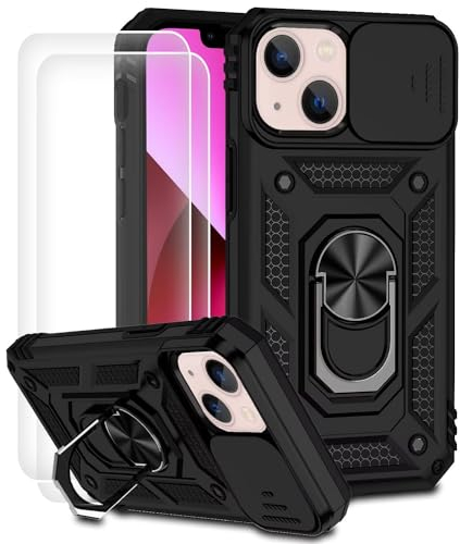 Dechyi Cover per iPhone 13 mini con Vetro Temperato Custodia con Scorrevole Protezione Fotocamera Custodia Rotante Anello Supporto Antiurto TPU Bumper Custodie-Nero
