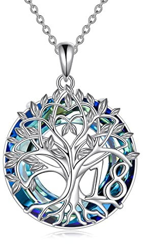 YFN 18th Birthday Gifts for Girls Sterling Silver Tree of Life Necklace with Blue Crystal Jewelry for Daughter Granddaughter(18th)