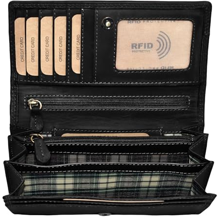 Benthill Geldbörse Damen Leder - Hochwertige Echt-Leder Damen Portemonnaie mit RFID Schutz - Lange Vintage Damenbörse - Frauen Portmonee inkl. Geschenkbox, Farbe:Schwarz