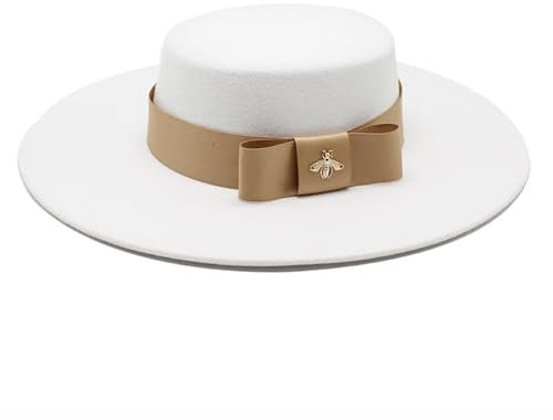 SOYNIA Fedora Trilby Filzhut Hut Weißer Bownot-Fedorahut Mit Flacher Oberseite Für Damen Krempe Bankett Eleganter Filzhut Hochzeitskleid-Kappe 56–58 cm Weiß
