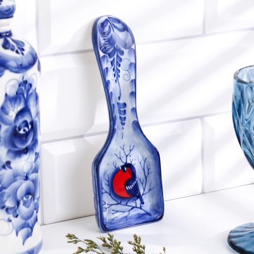 AEVVV Gzhel - Posa Cubiertos, Soporte para Cucharas de Cocina de Cerámica con Diseño Tradicional Ruso de Pájaro de Nieve, Azul y Blanco