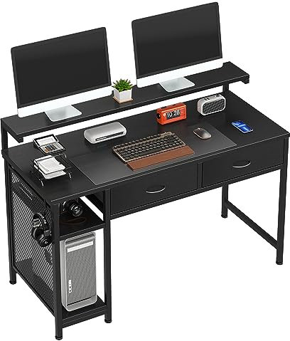 CAIYUN 120cm Modern Black Wooden Desk with Drawers, Shelves, Adjustable Monitor Stand, Office, Study, Work