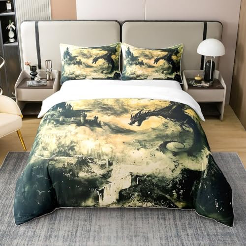 Gothic Dragon 100% Baumwolle 135x200 Bettwäsche für Jungen,Vintage Black Dragon Tröster Abdeckung Fantasy Schloss Bettbezug,Dark Sky Mythisch Tier Bett Set Antike Prähistorische Wildlife Zimmer Dekor