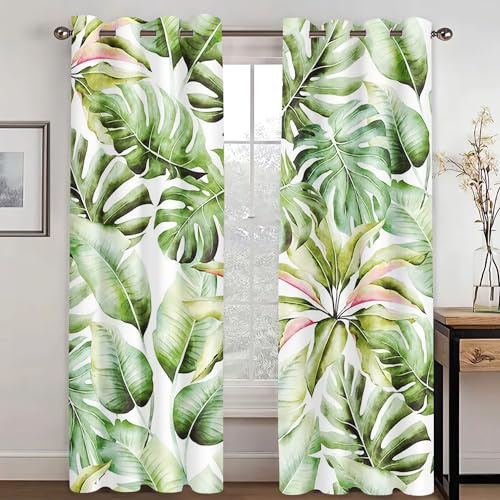 WEQEER Gardinen Blickdicht Tropical Pflanzen Palm Leaves Monstera Verdunkelungsvorhang Naturthema Fenstervorhang Für Schlafzimmer Kinderzimmer, 2 Panels (1,280x180cm(2x140x180cm))