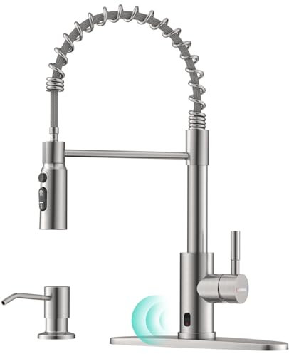 AJO BEND Non-Contact Spring Kitchen Sink Faucet with Pull Down Sprayer Motion Sensor Touch On Faucets for Kitchen Sink 360° Swivel Spout Stainless Steel