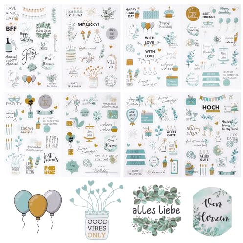 Sticker Geburtstag (225 Aufkleber) Vintage Sticker Set für Gästebuch, Fotoalbum, Geburtstag und Wedding Deko Fotoalbum Sticker, Geburtstag Deko voller Liebe (Grün)