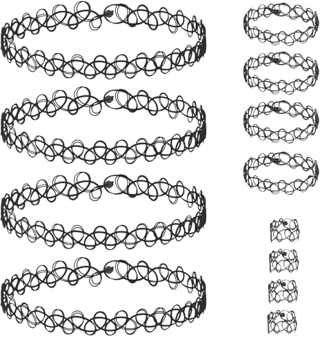Andibro 12 Stück Elastische Halskette Set, 4 Sets Stretch Tattoo Choker Kette Armband Ringe Damen Vintage Punk Gothic Tattoo Kette Gummi Halsband 90er jahre Accessoires für Mädchen Teenager