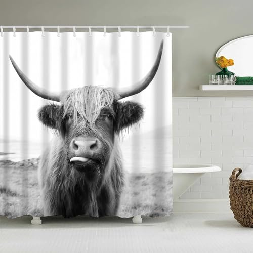AASIRA Duschvorhang 180x200 Antischimmel Grau Kuh Wasserdicht Textil Duschvorhänge Schwarz-Weiss Waschbar Polyester Badevorhang für Badewanne Badezimmer mit 12 Duschvorhangringen C435