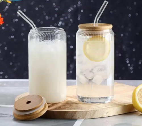 Vaso de Cristal Con Tapa de Madera y Pajita - Taza de Té de Burbujas, Café Helado, Cócteles, Batidos - 500 ml - Con Tapa de Bambú