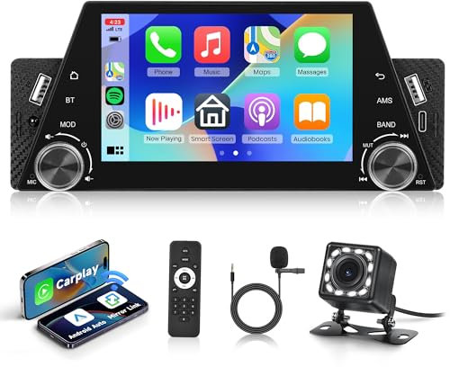 Rimoody Autoradio 1 Din sans Fil Carplay Android Auto, 5 Pouces écran Tactile 1 Din Autoradio à 2 Boutons avec Mirror Link Radio FM Bluetooth USB/AUX/Type C/DVR, Tlécommande, Caméra de Recul