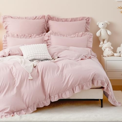TOCOMOA Rüschen Bettwäsche 155x220 Mädchen, Aesthetic Bettwäsche-Sets Mikrofaser, Öko-Tex Zertifiziert, Weich Rosa Bettbezug mit Reißverschluss, Kopfkissenbezug 80x80cm
