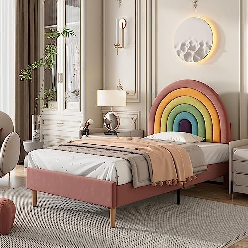 Jovify 3ft Single Bed Frame, Upholstered Platform Bed with Adjustable Rainbow Headboard, Sturdy Wooden Slat Support/No Box Spring Needed, Youth Beds for Adults Kids Teenagers, Velvet, Pink, 90x190 cm