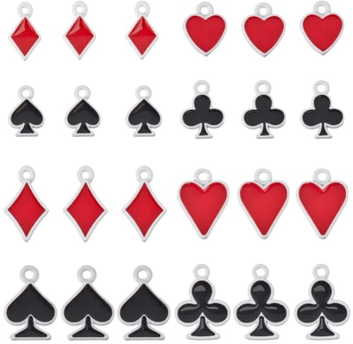 SUNNYCLUE 1 Box 32 Stück 8 Stile Poker Charm Spielkarten Charms lose Legierung Silber Emaille Rot Schwarz Herzen Pik Blumen Diamanten Anhänger für die Herstellung von Schmuck Anhänger