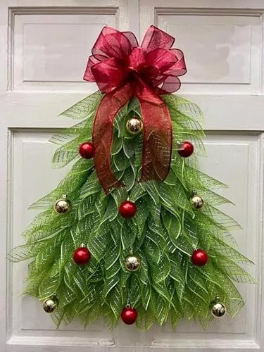 Cute Christmas Tree Ribbon Wreath with Big Red Bow Light Up Green Christmas Tree Wreath with Balls for Front Door Mantel (Light Up Green A, 40 * 50CM)