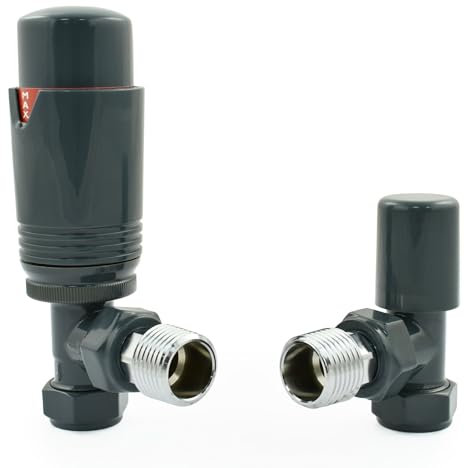 Hot Flow All-Anthracite Estuary Angled TRV Thermostatic Radiator Valve (Pair) Includes Angled TRV Body, Wheel Head & Lock Shield for Quick & Easy Temperature Control. Perfect for Energy Saving.