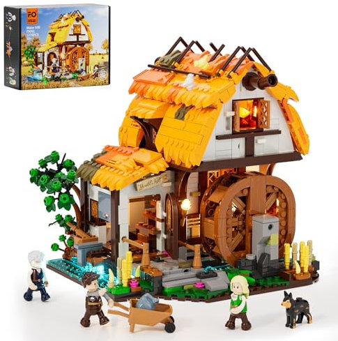 FUNWHOLE Mittelalter-Mühle Beleuchtungsstein-Set – Bewegliche Mühle mit Wasserad und Beleuchtung, 1278 Teile, Sammlerstück für Mittelalter-Fans