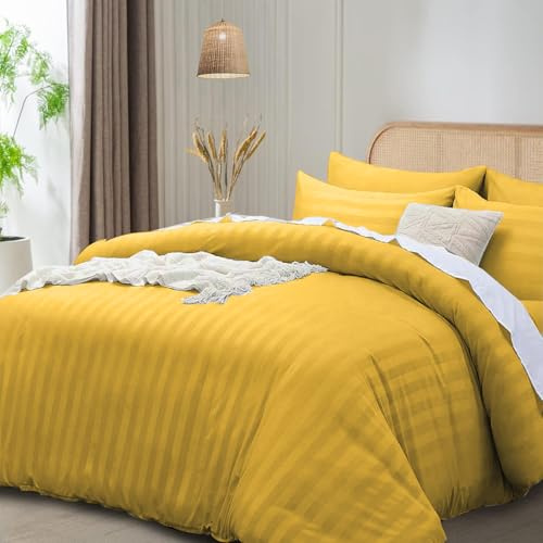 funky gadgets Super King Duvet Cover Set Ochre, Microfiber Satin Stripe Duvet Cover Luxury Hotel Bedding Sets with Pillowcases Breathable Ultra Soft Reversible Quilt Covers.