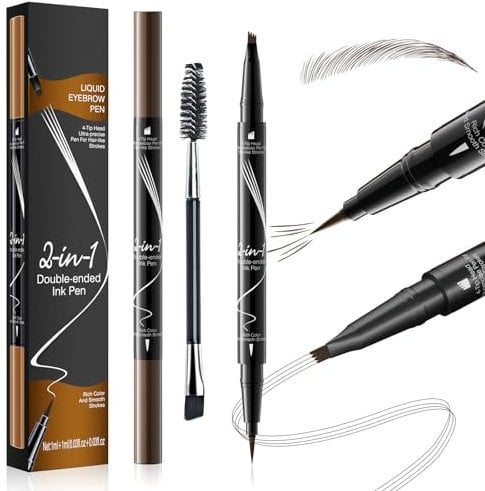 2-in-1 Eyebrow Pencil Waterproof with 4-Fork-Tip and Precise Brush, 3D Microblading Eyebrow Pen, Create Natural and Long-Lasting Eyebrow Makeup Eyeliner (Dark brown)