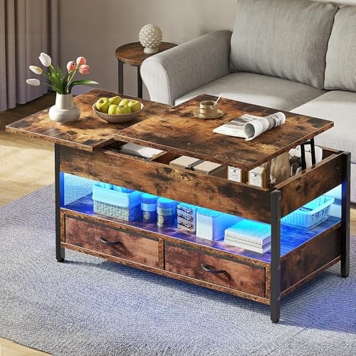 YITAHOME Lift Top Coffee Table, Wood Lift up Coffee Table with Storage Shelf, Coffee Tables for Living Room with 2 Drawers and 16 colors LED Light Strip,106 * 50 * 51.5cm
