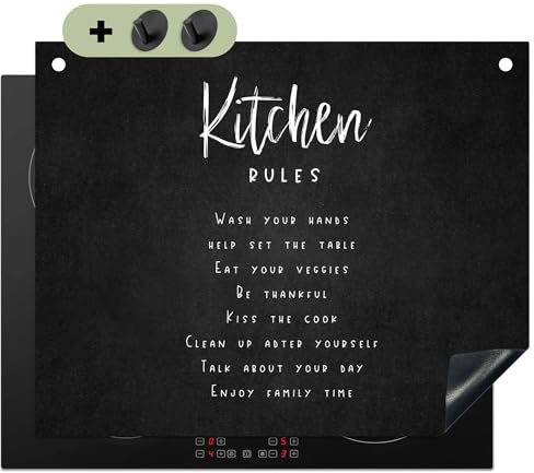 KitchenYeah© Herdabdeckplatte 65x52 cm Einteilig Küche Herdabdeckung Induktionsfeld Ceranfeld Herdabdeckplatten Vinyl Matte, Spritzschutz Küchenrückwand Küchenregeln - Schwarz - Weiß