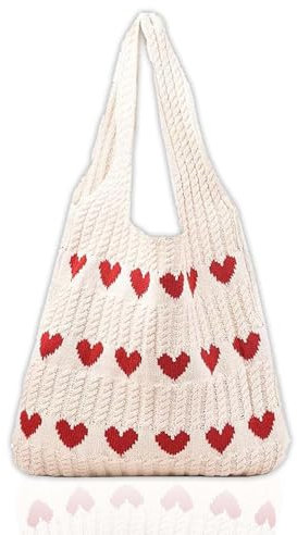 Vimmvid Strandtasche, Gestrickte Umhängetasche Tote Bag Herz Tasche Rot geflochtene tasche herztasche für Arbeit Reisen Schule Und Einkaufe