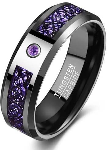 TUNGSTORY Wolfram Ringe Herren – keltischer Drache schwarz Männer Ehering, violetter Zirkonia & Carbon – 8 mm Breite, Komfort-Innenprofil 60(19.1)