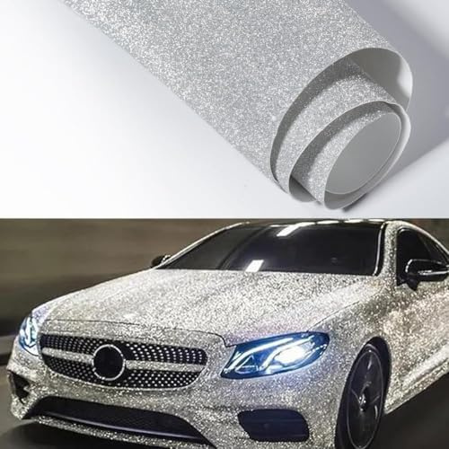 Blueshyhall Autofolie Silber Glitzer, Car Wrapping Folie Glitzer Weiß Silber Diamant, Bling Bling Car Vinyl Wrap Film, Tuning Folie Selbstklebende Innen Außen Wasserfest mit Luftkanälen (100x122 cm)