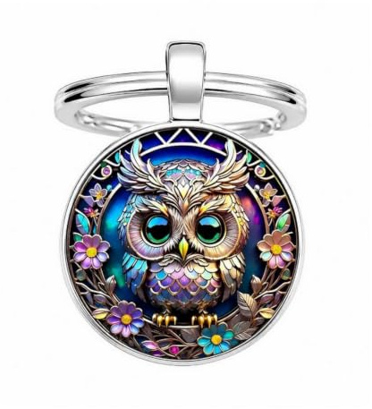 Porte-clés, bijou de sac cabochon oiseau style chouette hibou.