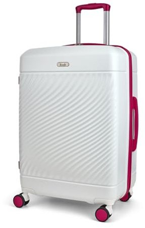Rock Love Island Medium 75L Hard Shell Suitcase - White & Pink | Durable Lightweight Build - 360 Degree Swivel Wheels, Telescopic Handle - Medium 66 x 46 x 30cm - Ideal for Style Seekers