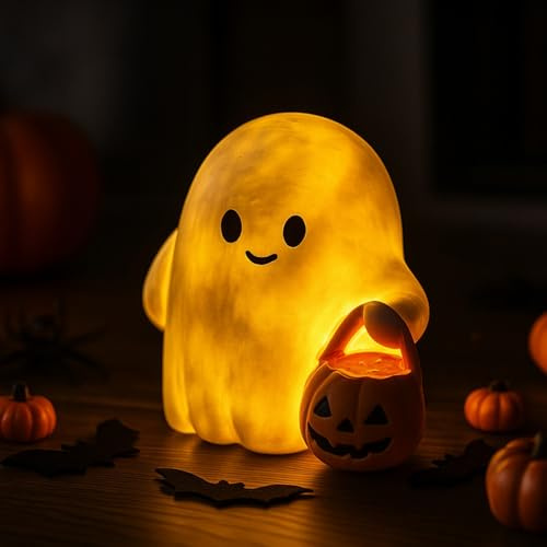 DZAY Halloween Deko Innen Geister Figur mit Beleuchtet,Halloween Dekoration Geist mit LED Licht Figuren Leuchtende,Keramik Statue Party Deko (Kürbis)