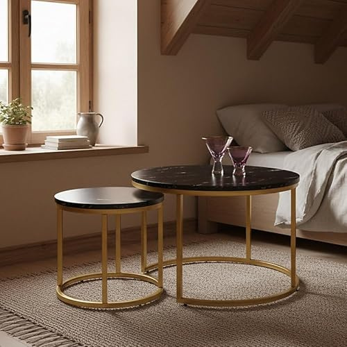 Agritrade AK PAOLA Set of 2 Contemporary Round Coffee Tables Black Marble Golden