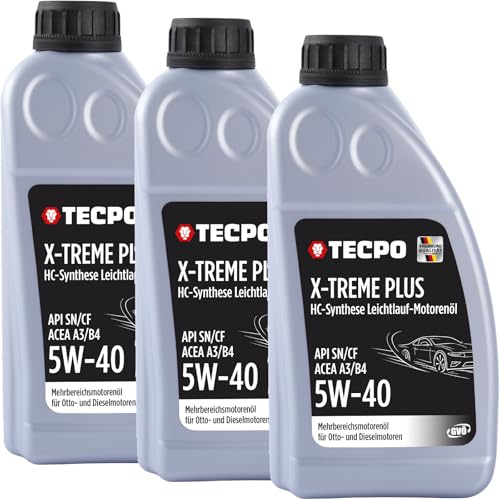 TECPO Motoröl 5W40 Öl X-TREME Plus Öl, 3 Liter 5W-40 Gebinde HC-Synthese für Diesel-und Benzinmotoren entspricht API SN/CF/ACEA A3/B4 / 502/505 / 226.3/226.5 / Longlife 01/98