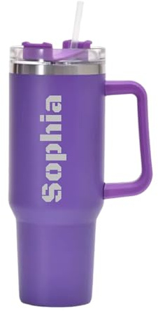 Personalised Name Engraved 40oz Stanley Gift with Handle and Straw for Girl Laser Tumbler Custom Laser Engraved Stanley (Purple)