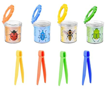 Lot de 4 petits pots de récupération d'animaux en plastique transparent avec pince à épiler et couvercle loupe pour explorateurs d'enfants, sciences préscolaires et jouets naturels