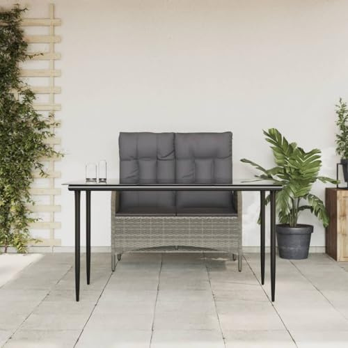 mzdioop 2-TLG Garten-Essgruppe Grau Poly Rattan mit Kissen, Bank mit Verstellbarer Rückenlehne, Tisch mit gehärteter Glasplatte, wetterfestes Outdoor Möbelset für Terrasse, Balkon, Wintergarten