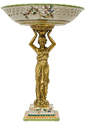 Schale Prunkschale Frau Blume Skulptur Porzellan Messing Antik-Stil 33cm